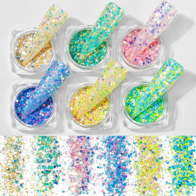 Fluorescenčné Nail Art Farebné Multi-farebné Šesťhranné Zmiešané Nechtov 6 Farieb Sadu Lesk Flitrami