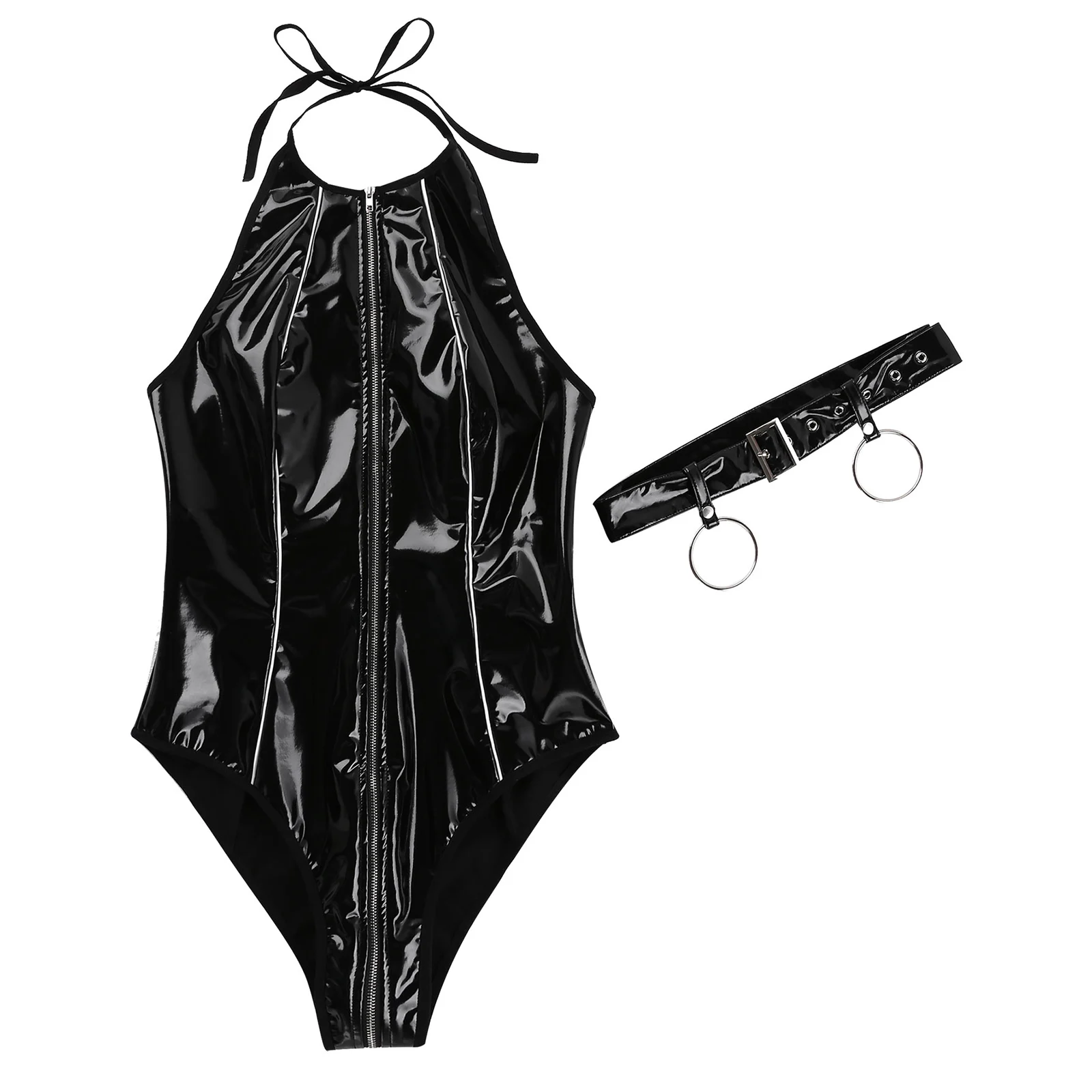 Dámske plavky s uväzovaním za Krajky-up Trikot Backless Catsuit s Nastaviteľným Pásom Bielizeň Punk lakovanej Kože Kombinézu Rave Kostým Oblečenie