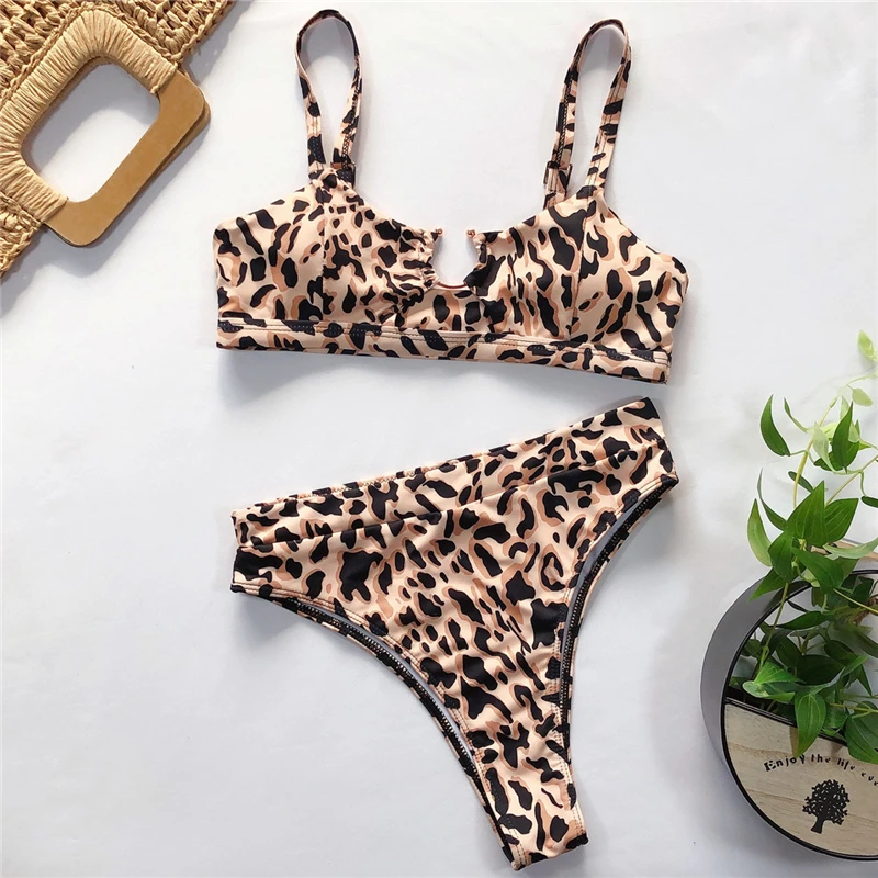 Pevné Bikiny Žien Rozdeliť Plavky Sexy Plavky Leopard Vysoký Pás Bikini Set S Pad Letné Pláž Nosiť Ženy Biquinis